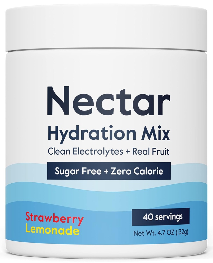 Nectar Sugar Free Electrolytes Powder - Organic Fruit No Sugar or Calories - Hydration Powder for Dehydration Relief and Rehydration - Keto and Paleo (Strawberry Lemonade 40 Serving Tub)