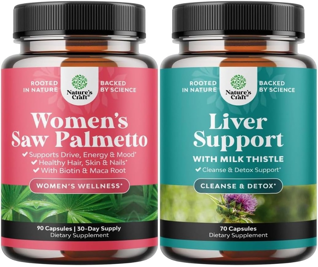 Bundle of Extra Strength Saw Palmetto for Women and Liver Cleanse Detox & Repair Formula - DHT Blocker Thickening Hair Vitamins for Hair Loss for Women - Silymarin Milk Thistle Liver Detox 70 Capsules