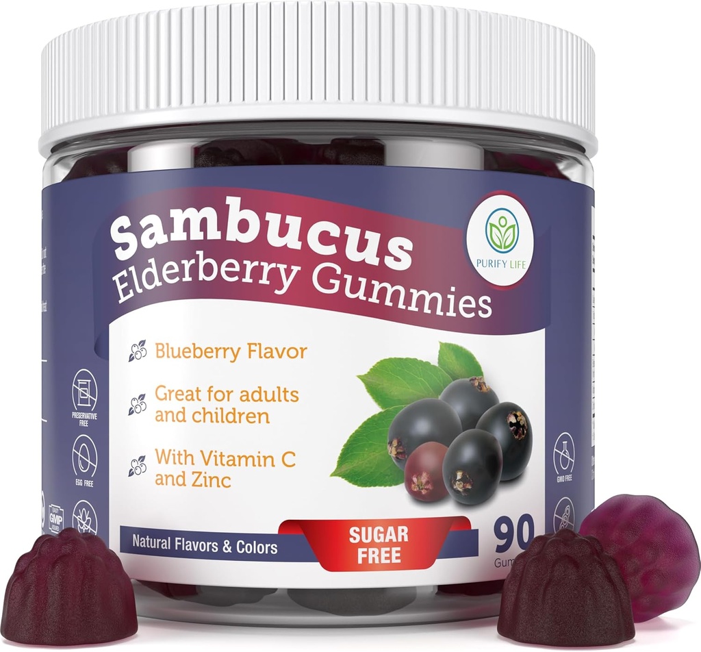 Purify Life Sugar-Free Elderberry Gummies with Vitamin C & Zinc for Adults and Kids, Immune Support Supplement for Respiratory Health, Sambucus Elderberry Antioxidant Gummies - Vegan, 90 Count