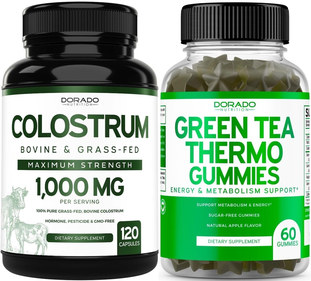 Green Tea Fat Burner Weight Loss (60 Gummies) - Appetite Suppressant Weight Loss Supplement for Men & Women and Colostrum (120 Count) Bovine Colostrum Capsules Supplements - Vegan Safe & Made in USA