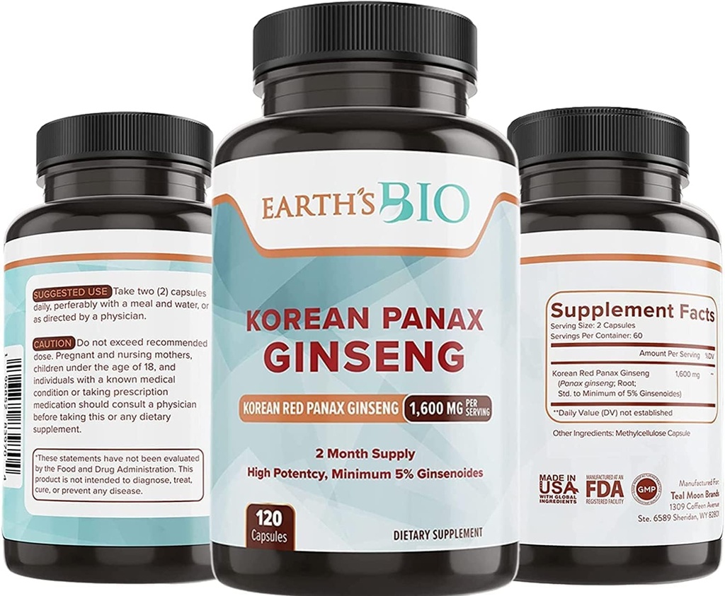 Earth's Bio Korean Red Panax Pure Certified Ginseng 1600mg-120 Vegan Capsules-High Strength 5% Ginsenosides-Ginseng Root Extract for Energy,Potency, Strength, Vigor and Focus for Men and Women
