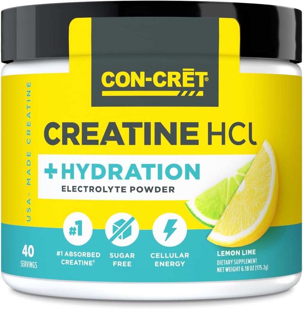 CON-CRET Creatine HCl + Hydration | Electrolyte Powder Tub | Lemon Lime | Sugar Free Electrolytes | Rehydration Formula w Potassium, Sodium, Zinc, Magnesium to Hydrate & Recover (40 serv)