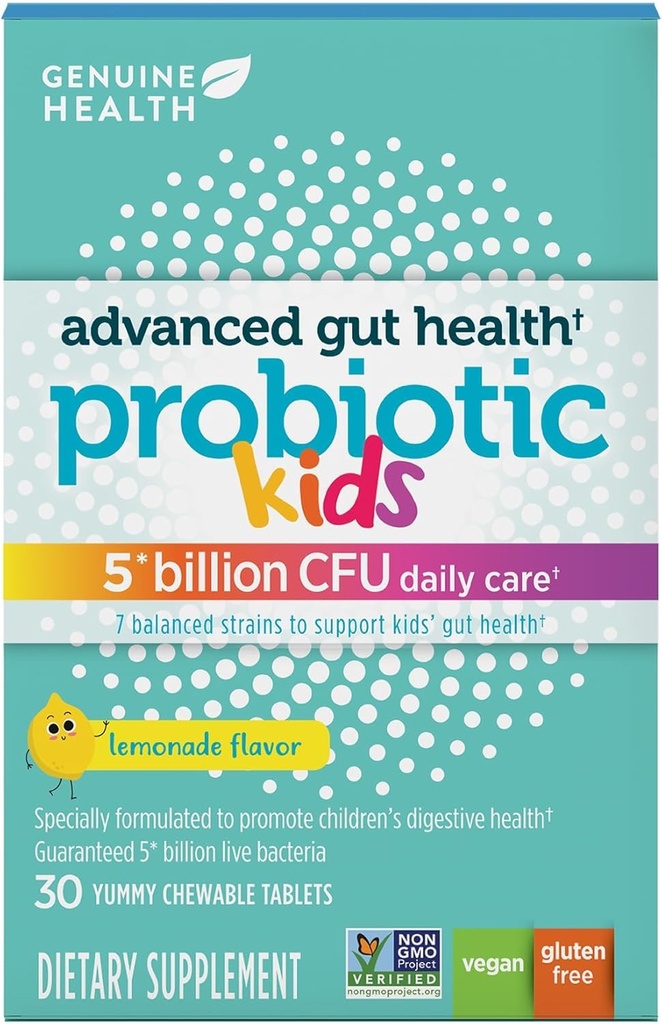 Genuine Health Kid's Daily Probiotic, Helps Promote Digestive Health & Immune Response, Multi-Strain Formula, Lemonade Flavor, 30 Chewable Tablets