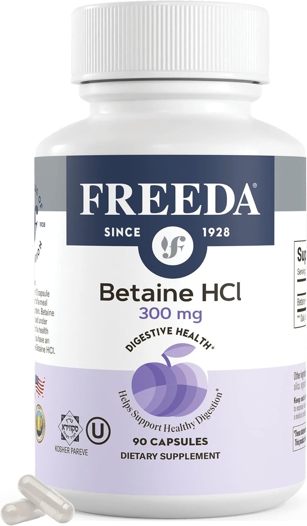 Freeda Betaine HCl - Vegan Betaine Supplement Digestive Supplement for Healthy Digestion - Organic Vegetarian Formula, Does Not Contain Pepsin (90 Capsules)