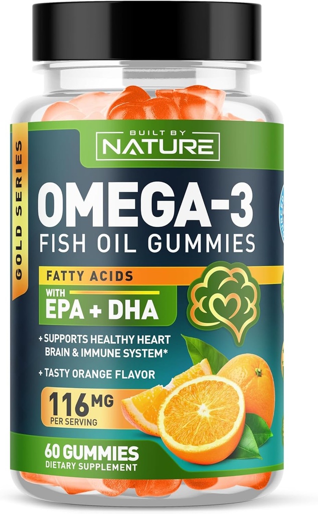 Omega 3 Fish Oil Gummies with EPA & DHA from Wild Fish - Triple Strength Omega 3 Fish Oil Gummy, Supports Healthy Heart, Brain & Immune System, Burpless & Natural - 60 Gummies, 30 Day Supply