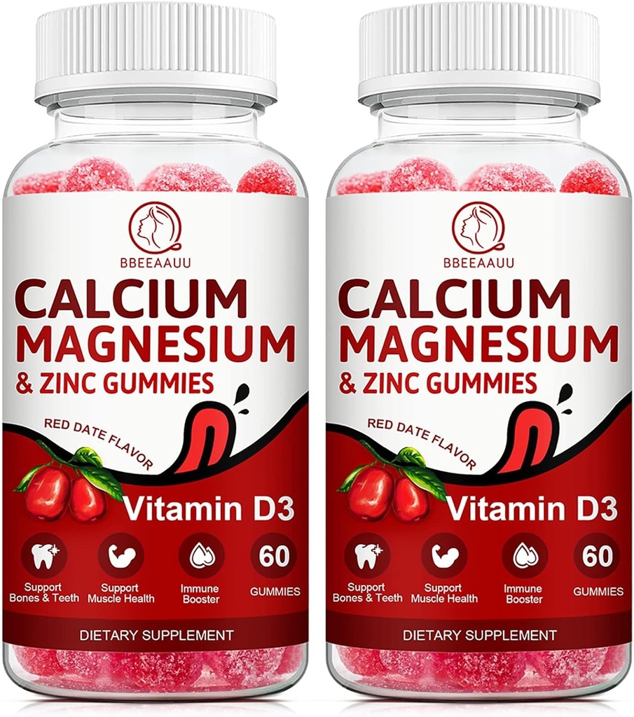 Calcium, Magnesium, Zinc & Vitamin D Gummies - 2 Pack | Vitamins for Women, Men & Kids | Calcium Supplements for Strong Healthy Bones, Zinc Gummies, Gluten-Free, Vegan - 120 Count
