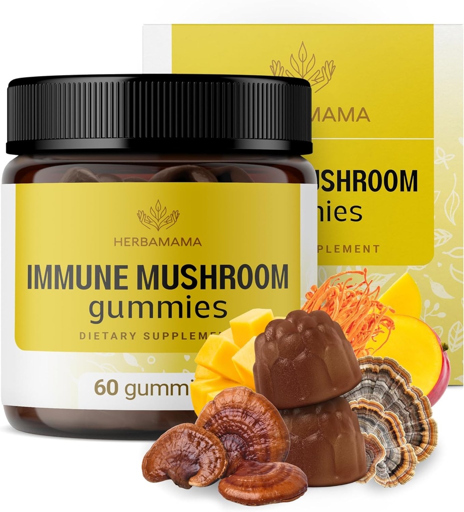 HERBAMAMA Immune Support Mushroom Gummies - Multi Mushroom Blend Complex for Antioxidant Support - Vegan, Non-GMO Immunity Supplement - 60 Pectin-Based Mango-Flavored Chews