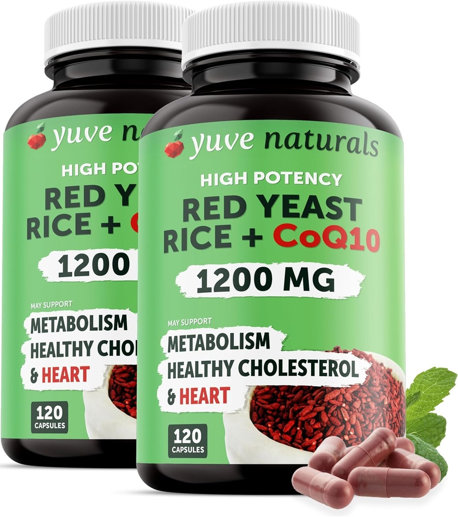 100% Natural Red Yeast Rice 1200 mg with CoQ10 100 mg, 2 in 1, Maintain Healthy Cholesterol Levels - 120 Veggie Capsules (2-Pack)