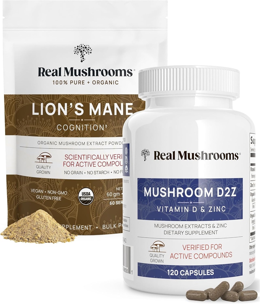 Real Mushrooms Vitamin D2, Chelated Zinc, Chaga, Reishi (120ct) and Organic Lion's Mane Powder (60 Servings) Bundle - Immunity and Cognitive Support, Improved Absorption - Vegan, Gluten Free, Non-GMO