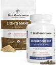 Real Mushrooms Vitamin D2, Chelated Zinc, Chaga, Reishi (120ct) and Organic Lion's Mane Powder (60 Servings) Bundle - Immunity and Cognitive Support, Improved Absorption - Vegan, Gluten Free, Non-GMO