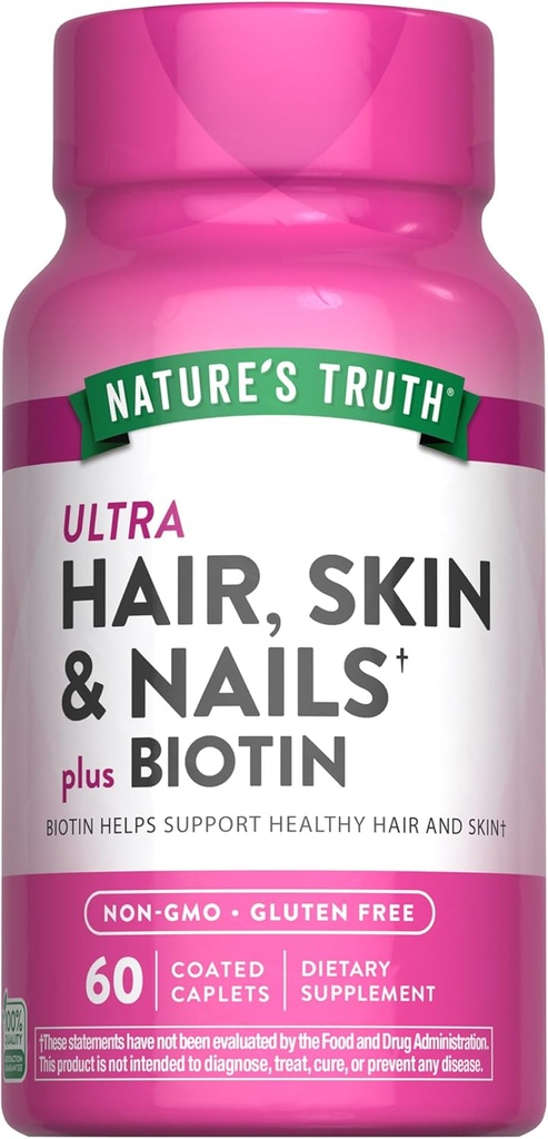 Nature's Truth Hair Skin and Nails | 60 Caplets | Plus 5,000 mcg Biotin | Non-GMO & Gluten Free Supplement