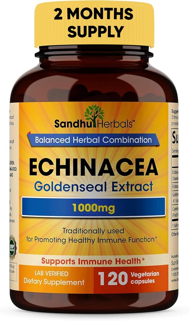 SANDHUHERBALS Echinacea Goldenseal 1000 Mg 120 Capsules | Immune System Support Respiratory Response Inflammatory Response Supplement