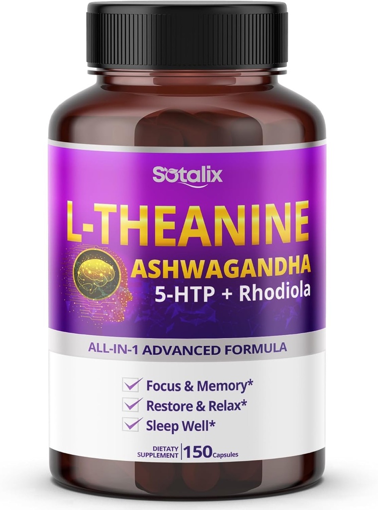 Sotalix L-Theanine Supplement with Ashwagandha 5-HTP + Rhodiola - Focus & Memory, Restore & Relax, Sleep Quality (150 Count (Pack of 1))