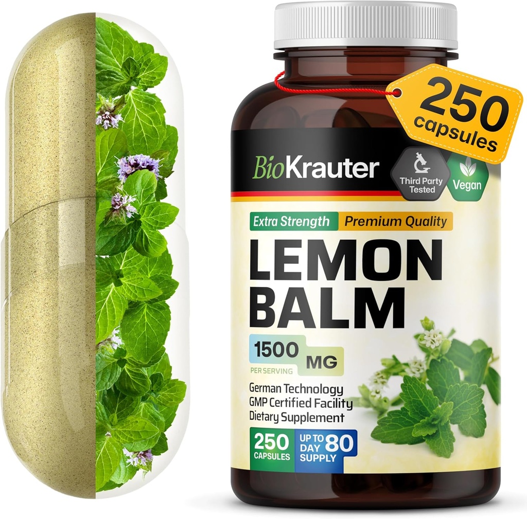BIO KRAUTER Lemon Balm Capsules 1500 mg - 250 Count - Vegan Melissa Herbal Supplement - Natural Relaxation Support - Lemon Balm Leaf