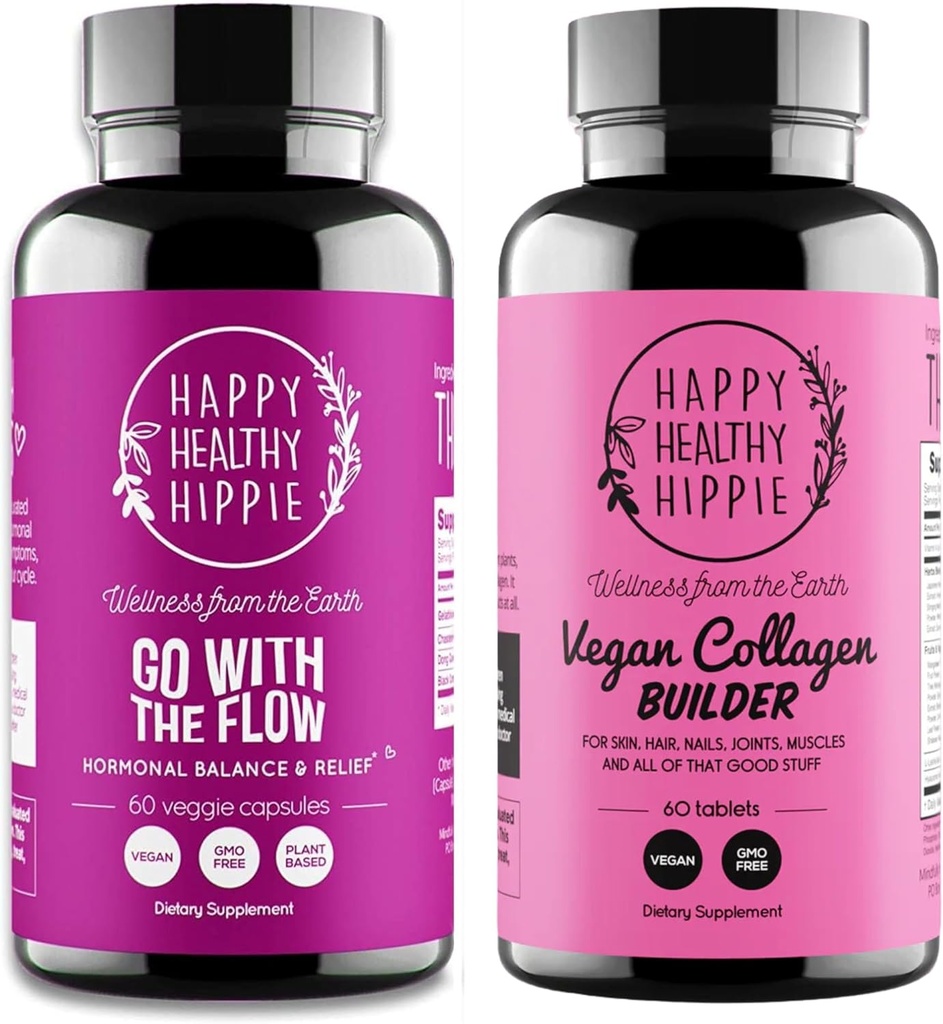 Happy Healthy Hippie Vegan Collagen Builder w/Hyaluronic Acid & Go with The Flow Hormone Balance for Women