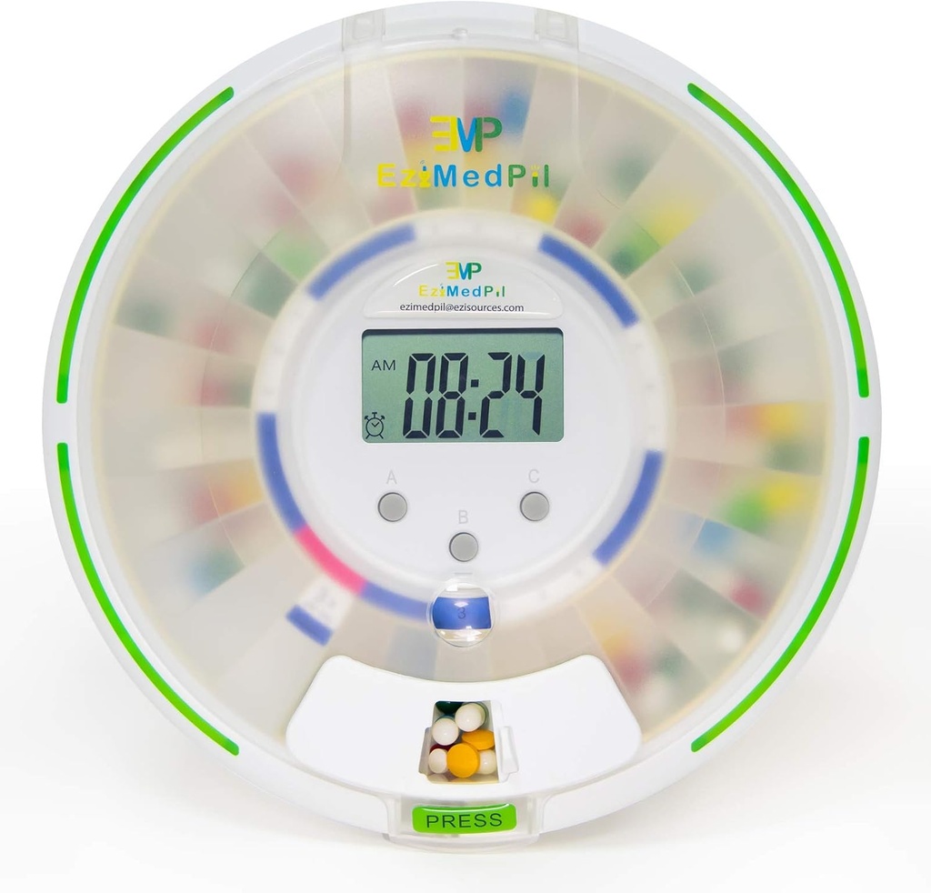 EziMedPil Automatic Pill Dispenser with Alarm, Sound & Light, up to 6 Alarms/Day, 6 Dosage Templates, Easy-Read Display, Frosted Lid & Locked 28-Day Medication Dispenser for Protecting Pills Privacy