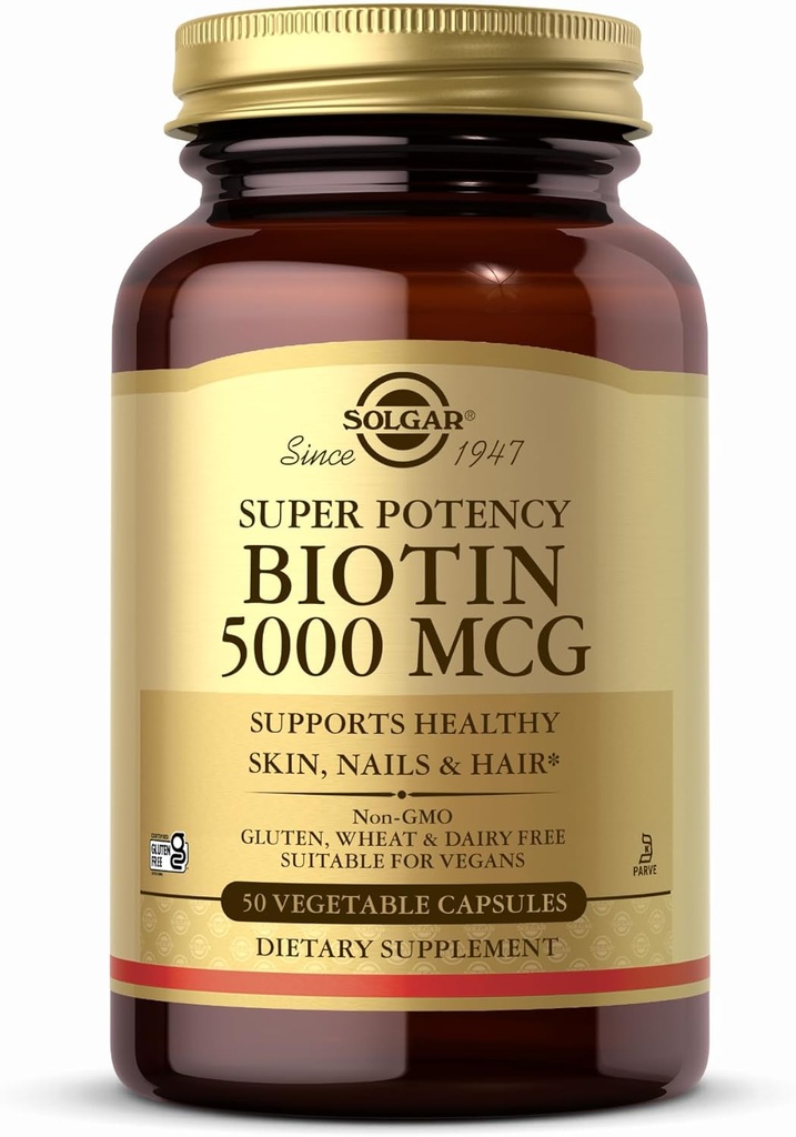 Solgar Biotin 5000 mcg - 50 Vegetable Capsules - Supports Healthy Skin, Nails & Hair - Non-GMO, Vegan, Gluten Free, Dairy Free, Kosher - 50 Servings