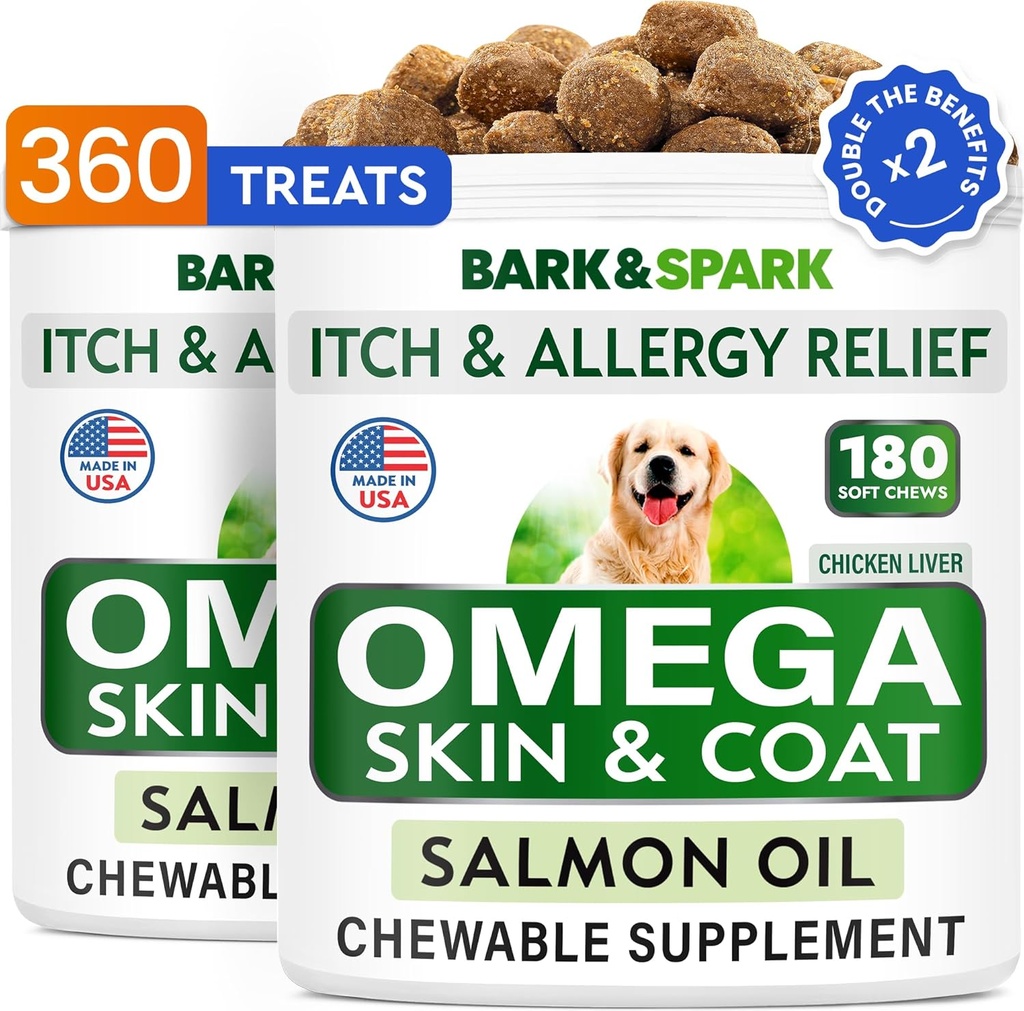 BARK&Spark (Pack of 2) Omega 3 for Dogs - 360 Fish Oil Chews for Dog Shedding, Skin Allergy, Itch Relief, Hot Spots Treatment - Joint Health - Skin & Coat Supplement - EPA&DHA Fatty Acids