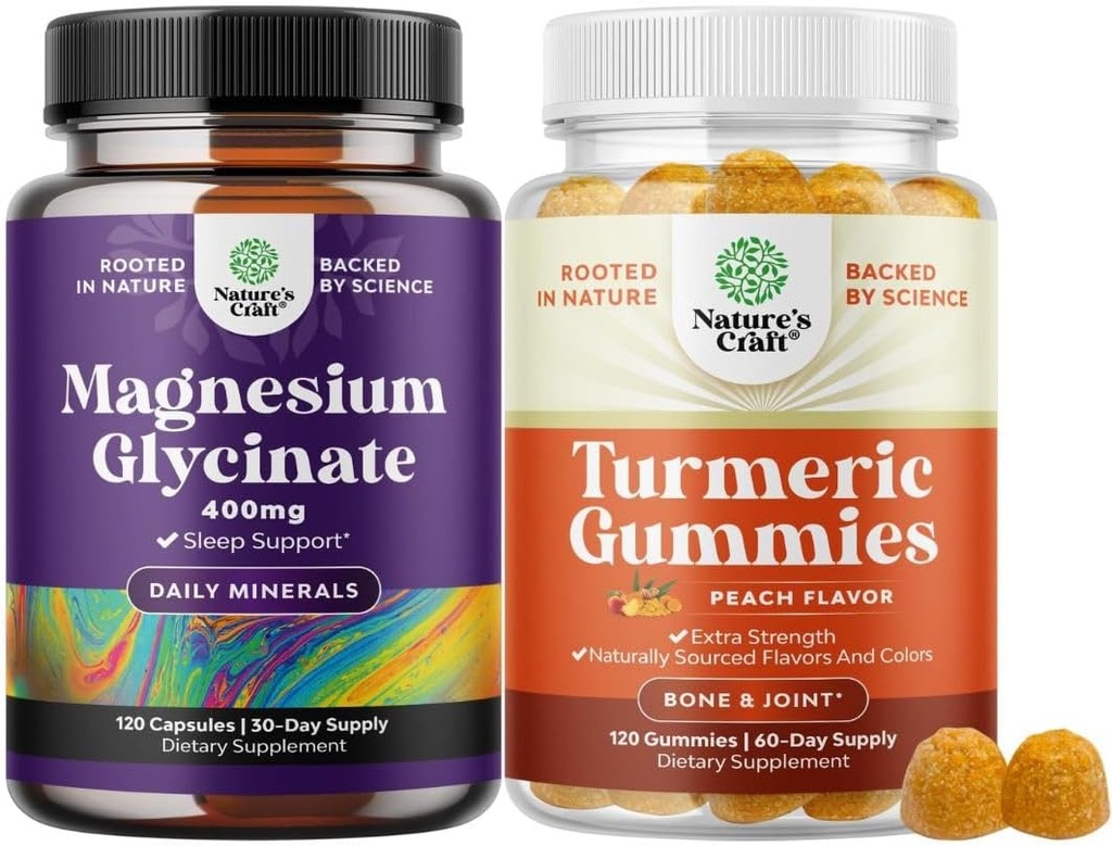 Bundle of Pure Magnesium Glycinate Supplement 400mg Per Serving for Mood Sleep & Relaxation Support and Turmeric Gummies for Adults Peach Flavor with Turmeric Curcumin Black Pepper Extract Ginger