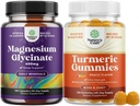 Bundle of Pure Magnesium Glycinate Supplement 400mg Per Serving for Mood Sleep & Relaxation Support and Turmeric Gummies for Adults Peach Flavor with Turmeric Curcumin Black Pepper Extract Ginger