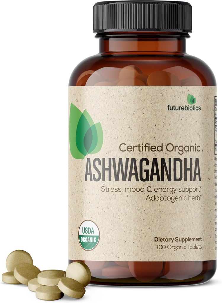 Futurebiotics Certified Organic Ashwagandha, Stress Mood & Energy Support Adaptogenic Herb, Non-GMO, 100 Organic Tablets