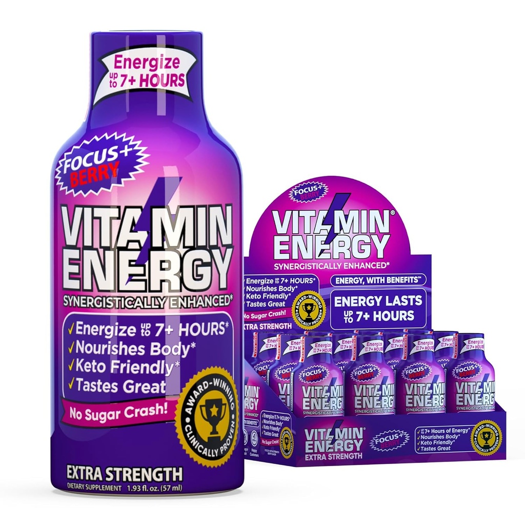 Vitamin Energy Focus+ Extra Strength Energy Shot Berry 12 Pack, 260mg Natural Caffeine, B-Vitamins, CoQ10, Amino Acids, Focus, Productivity & Clarity, Zero Sugar, Gluten-Free, 1.93 fl oz