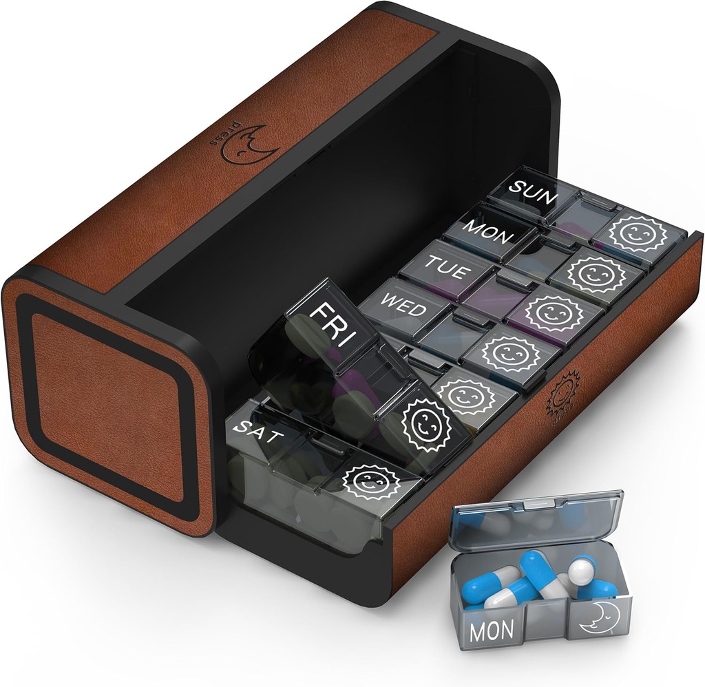 Pill Organizer 2 Times a Day, Am Pm Twice Daily Pill Case, Detachable Large Travel Pill Box 7 Day, Weekly Pill Container for Vitamin Medicine Supplement Fish Oil (Brown)