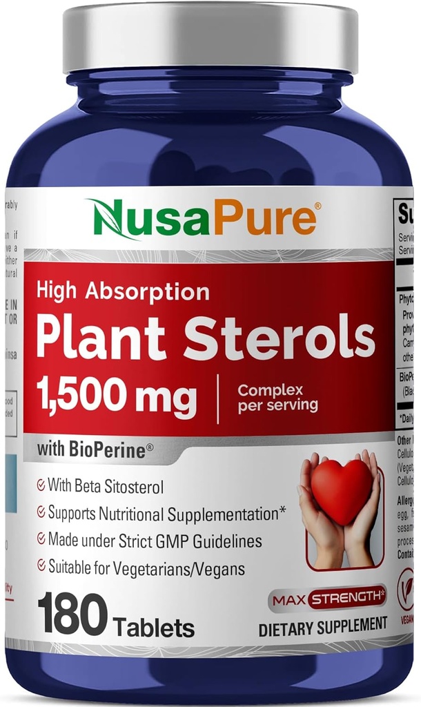 NusaPure Plant Sterols 1500 mg - 180 Tablets (Non-GMO, Vegan) Beta Sitosterol, Bioperine