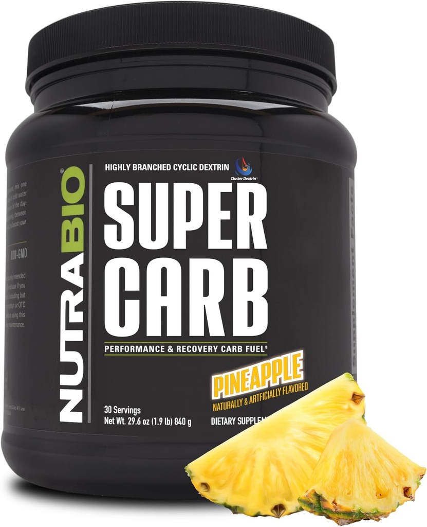 NutraBio Super Carb, Carbohydrate Powder with Cluster Dextrin & Electrolytes, Advanced Carb Supplement Powder for Workout Fuel, Performance, and Muscle Recovery, Cyclic Dextrin, Pineapple, 30 Sv