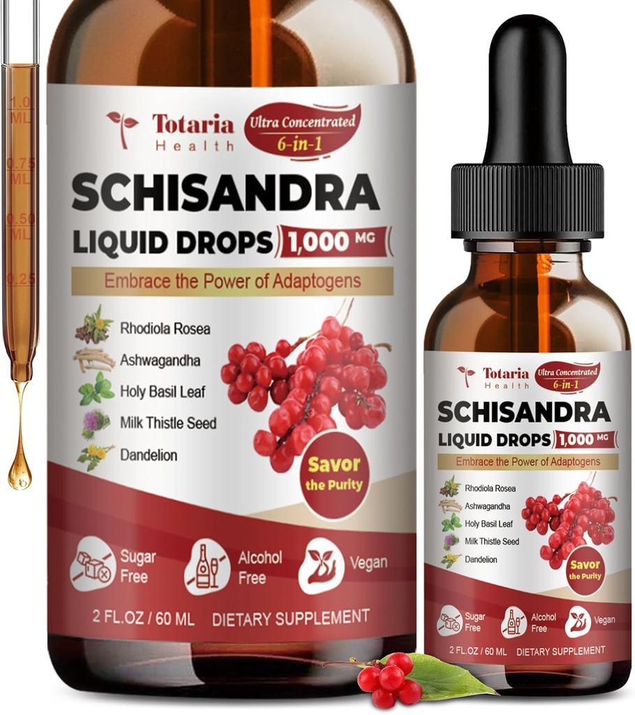 Totaria Schisandra Supplement 6-in-1 Schisandra Berry Drops with Rhodiola Rosea, Ashwagandha, Holy Basil, Milk Thistle, Dandelion Root Adaptogen for Mood Stress Liver Health 2Fl.Oz