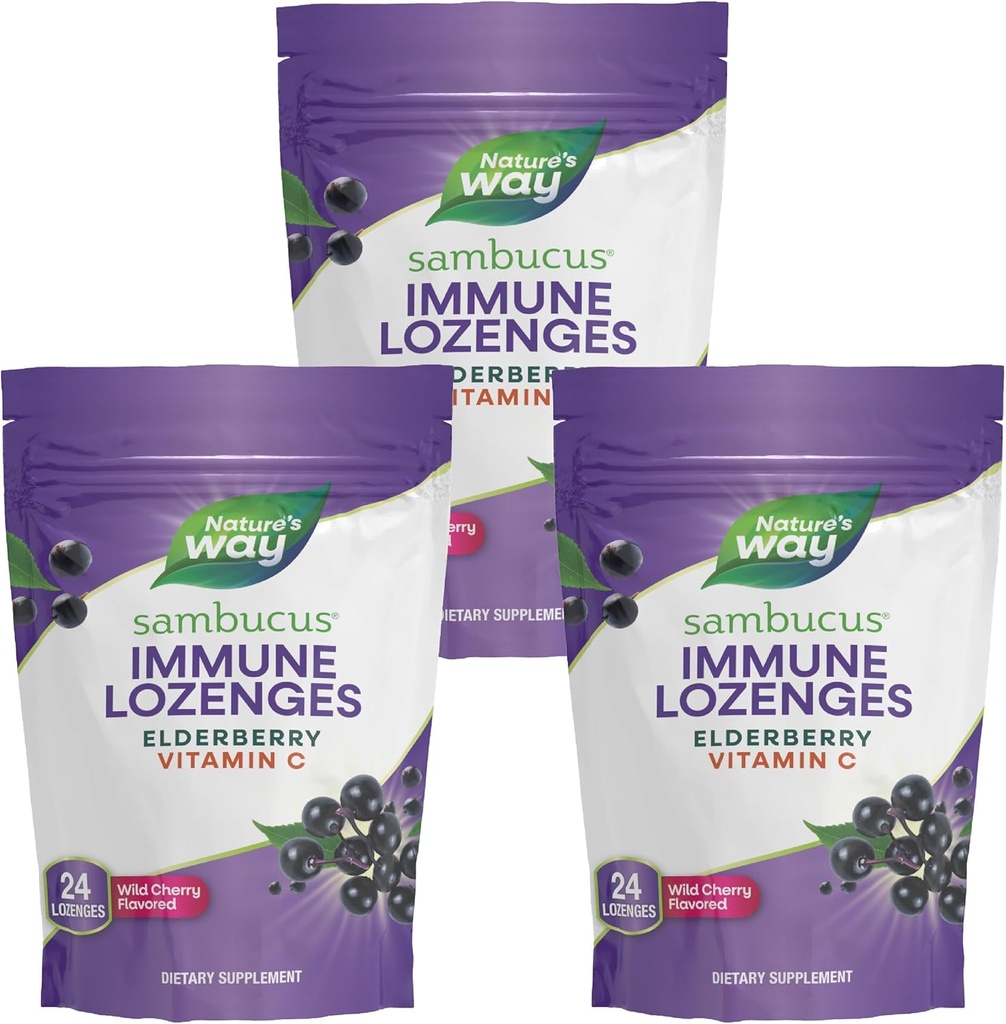 Nature’s Way Sambucus Immune Lozenges, High Potency Vitamin C, Elderberry, Wild Cherry Flavored, 24 Lozenges (Packaging May Vary) - 3 Pack