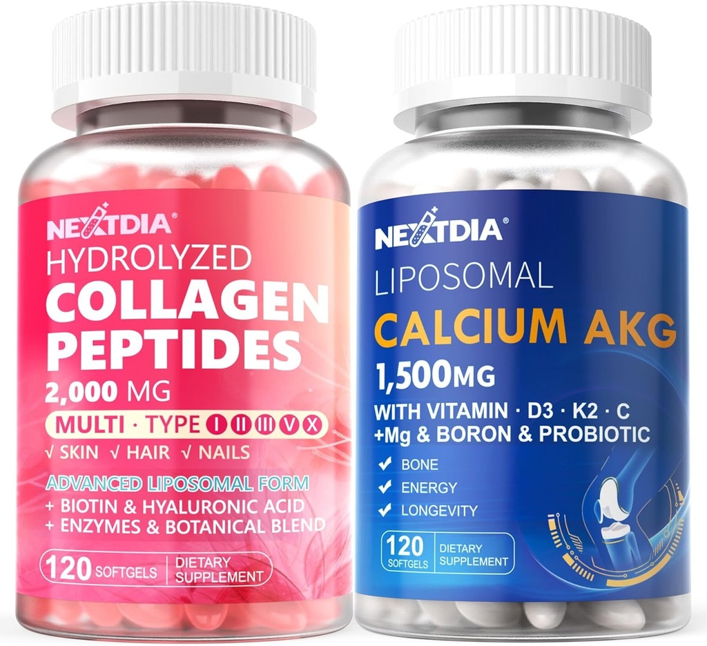 Hydrolyzed Collagen Peptides Pills + Liposomal Calcium AKG Supplement 1500mg