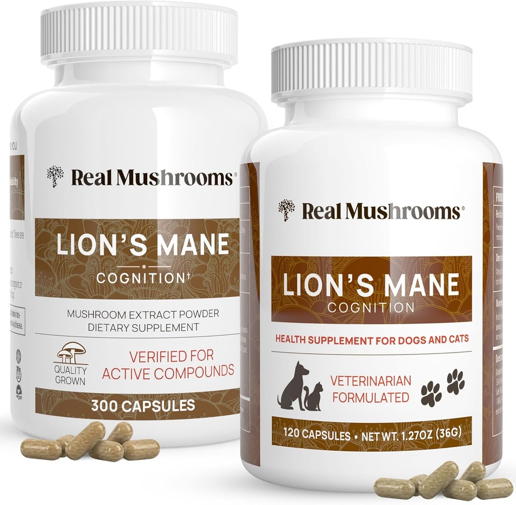Real Mushrooms Lions Mane for Humans (300ct) and Pets (120ct) - Bundle for Cognition & Immunity - Vegan, Non-GMO, Gluten-Free, Grain-Free Mushroom Extract Supplements