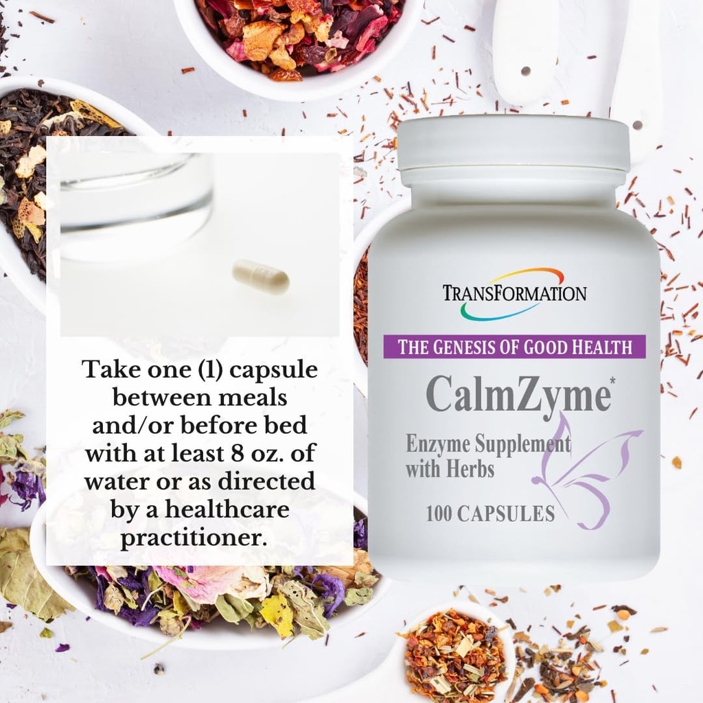 Transformation The Genesis of Good Health Enzymes CalmZyme Supplement with Enzymes & Herbal Blend, Maximize Digestion of Nutrients, Production of Energy & Aid in Immune Support, 100 Capsules