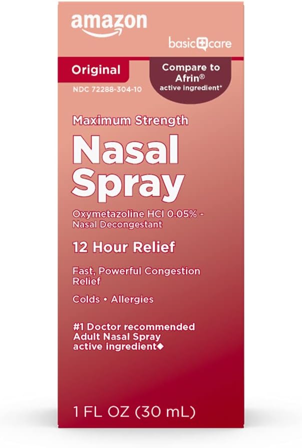 Amazon Basic Care Maximum Strength 12 Hour Nasal Spray, Oxymetazoline HCl Solution, Congestion Relief, Cold and Allergy Medicine, Decongestant, 1 fl oz (Pack of 1)