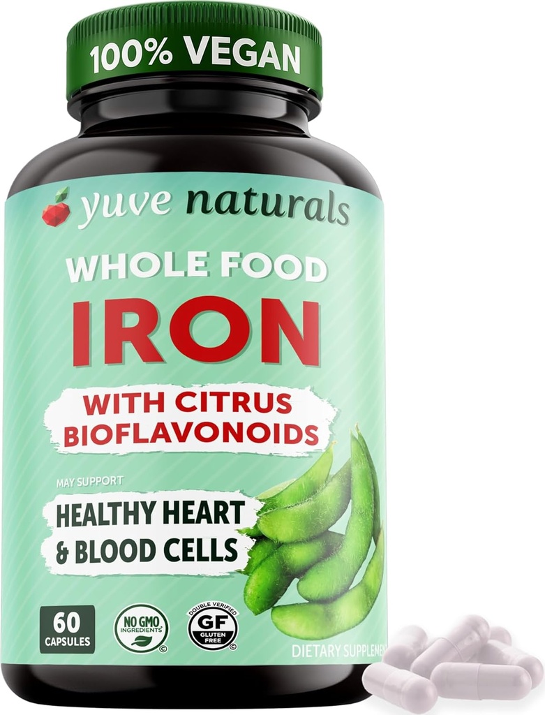 Yuve 100% Vegan Whole Food Chelated Iron Supplement 18mg – Tasteless, Non-Constipating, Gentle on Stomach, Energy Support – Gluten-Free, Non-GMO, 60 Capsules