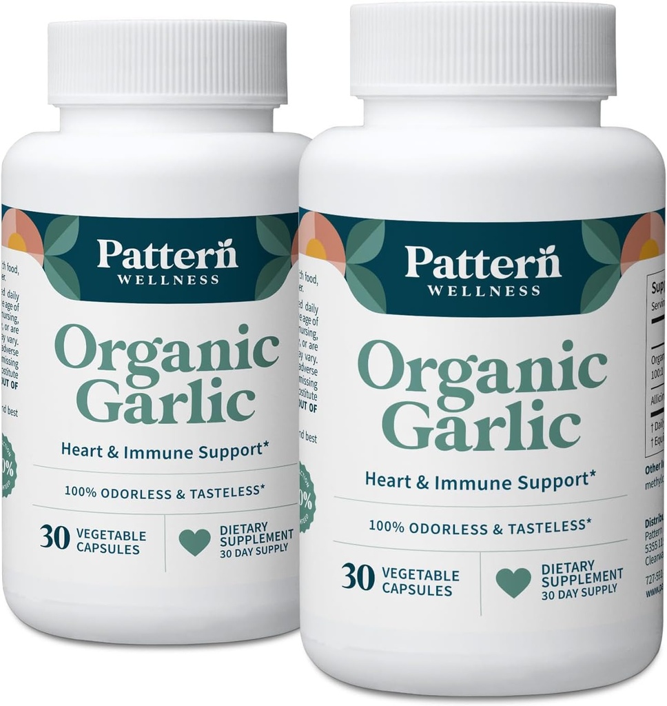 Pattern Wellness Odorless Organic Garlic - 1000mg - Supports Circulatory & Immune Health - Non-GMO, Gluten Free, Vegan - 60 Capsules