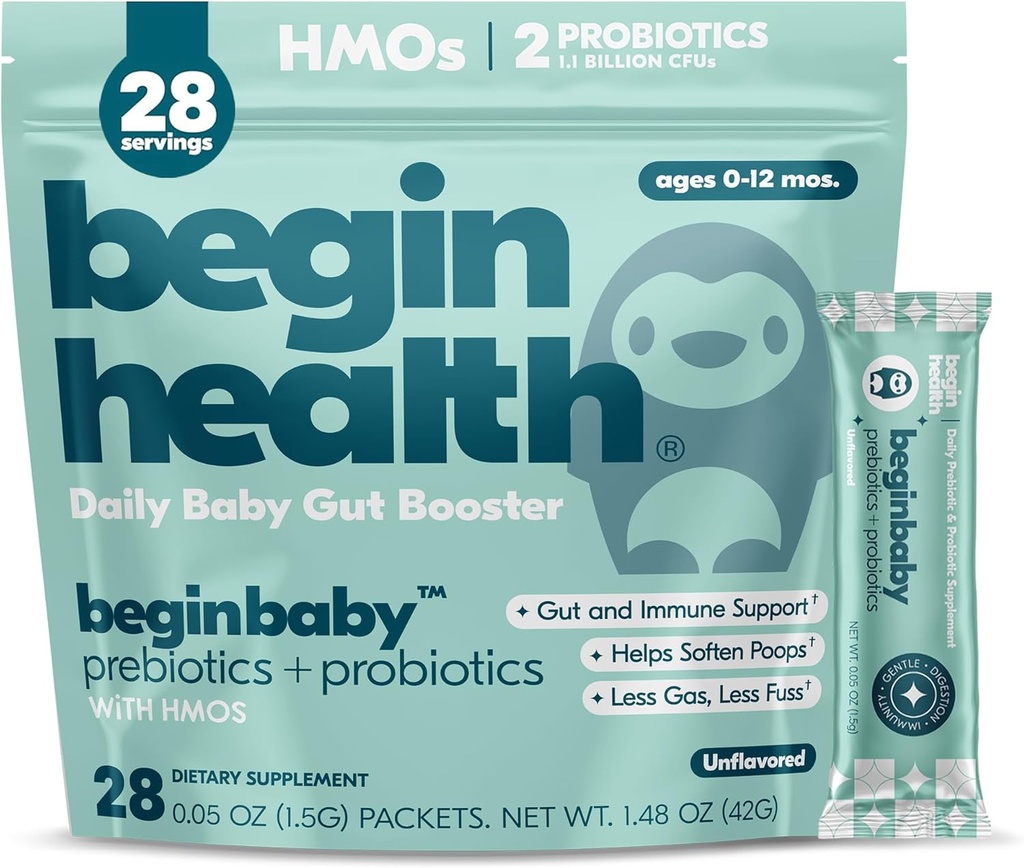 Begin Health BeginBaby Prebiotics and Probiotics for Infants 0-12 Months | Baby Formula Prebiotic + Probiotic Powder with 2'-FL HMO's & B. Infantis for Optimal Digestion | 28-Packs - Unflavored