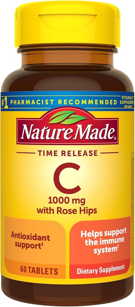 Nature Made Vitamin C 1000 mg with Rose Hips, Dietary Supplement for Immune Support, 60 Time Release Tablets, 60 Day Supply