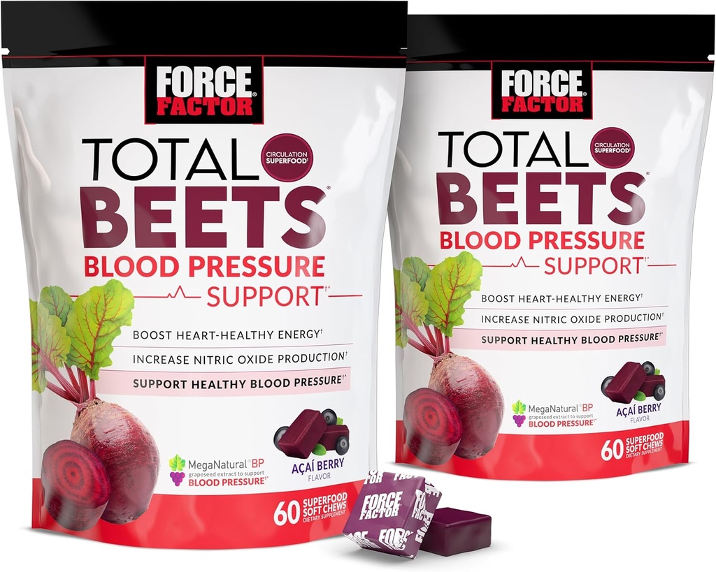 Force Factor Total Beets Blood Pressure Support Supplement with Beets Powder, Great-Tasting Chewables for Heart-Healthy Energy, and Increased Nitric Oxide, 120 Chews, 2-Pack