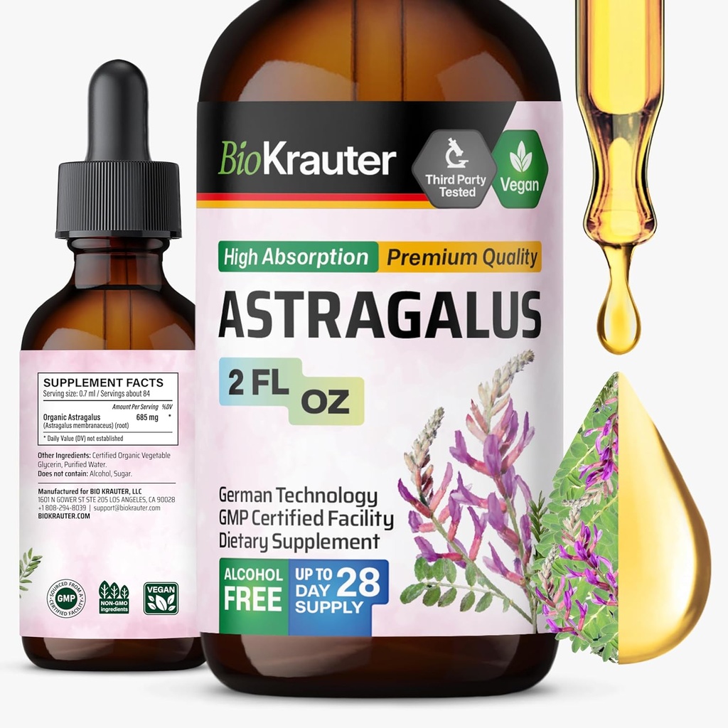 BIO KRAUTER Astragalus Tincture - Astragalus Root Liquid Extract for Immune Support - Alcohol and Sugar Free - High Absorption - Vegan Drops 2 Fl.Oz.