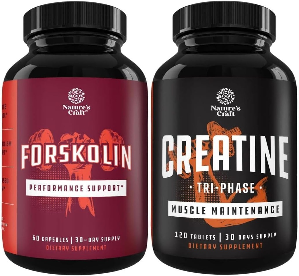 Bundle of Forskolin Weight Loss Supplement - Builds Muscle & Boosts Energy and Creatine Tablets Formula Blend of Creatine Monohydrate, HCL & Pyruvate - Muscle Mass Gain & Recovery for Men and Women