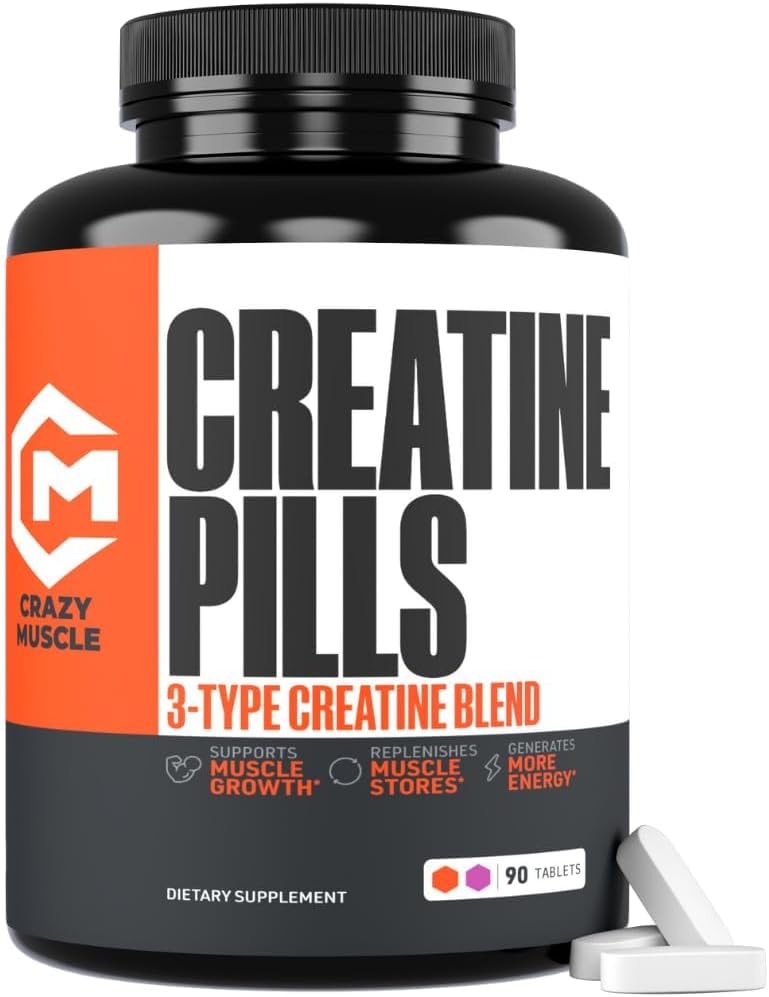 Crazy Muscle, Creatine Pills, 5g 3X Pure Creatine Monohydrate, Pre Workout Bulk Muscle Mass Gainer, High Absorption Easy to Take ThreeAtine 3 Type Optimum Performance for Lean Growth Men Women