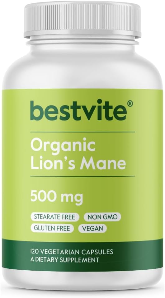 Organic Lion's Mane 500mg (120 Veggie Capsules) - No Stearates - Vegan - Non GMO - Gluten Free - Certified Organic Lion's Mane