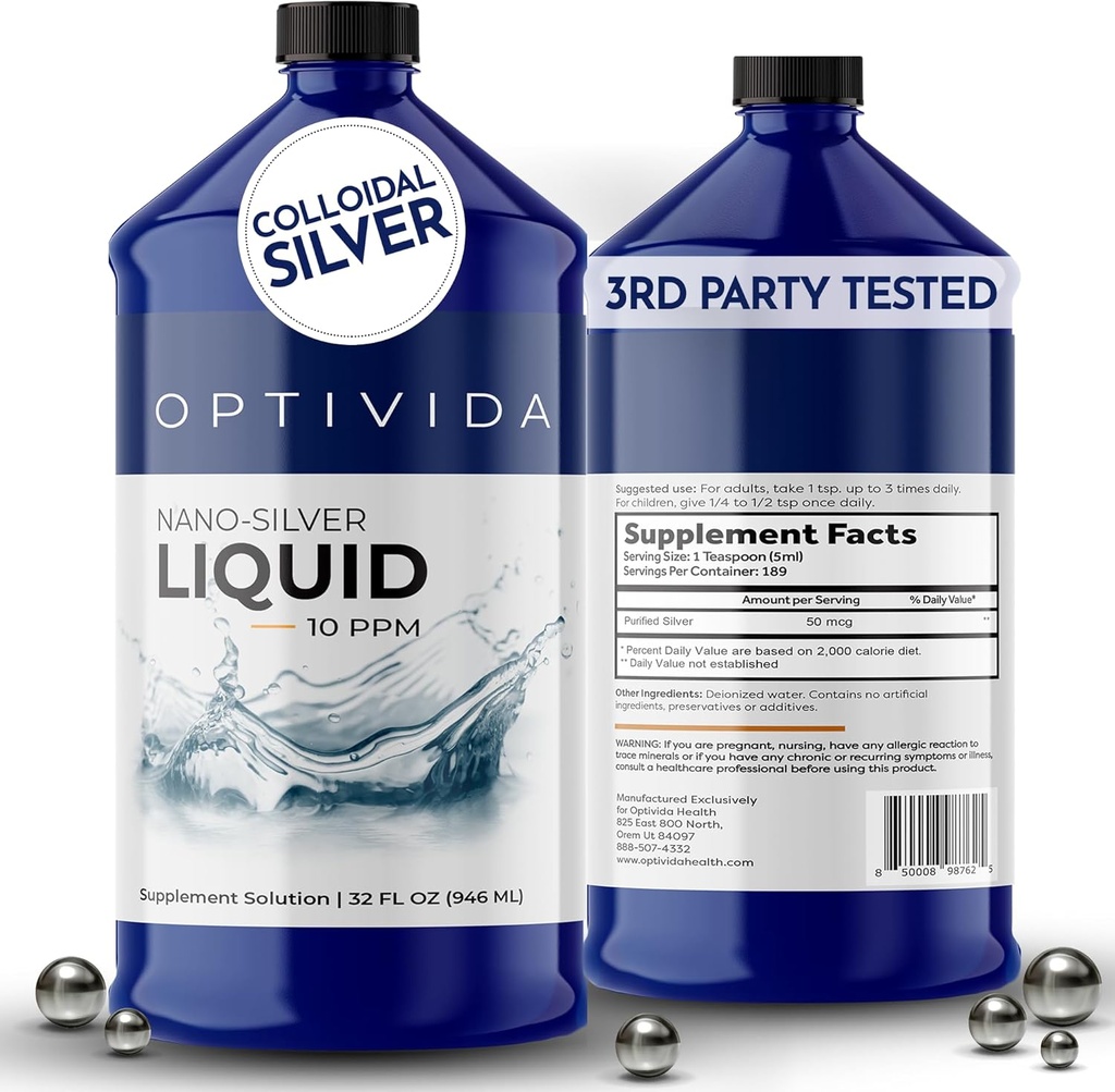 Optivida Health Immune Support Colloidal Silver Liquid 10 Ppm – Premium Nano Silver Supplement for Daily Wellness, Natural Silver Hydrosol for Adults & Kids, Non-GMO, Gluten-Free (32 Oz)