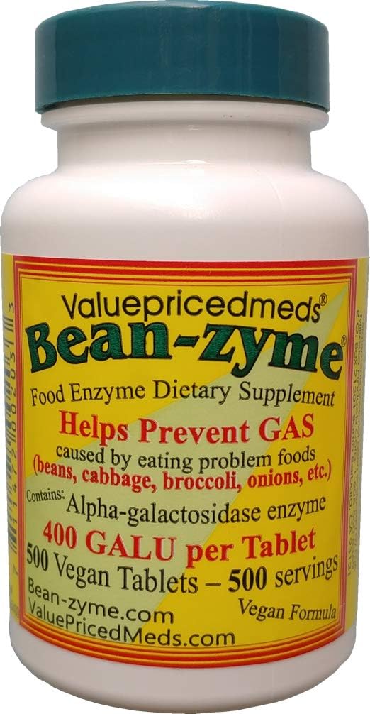 Bean-Zyme Gas Relief for Adults Extra Strength (500 ct) is 400 GAUL per Tablet Alpha Galactosidase, Vegan, Cost Less, Digestive Enzyme Dietary Supplement Natural Food Enzyme