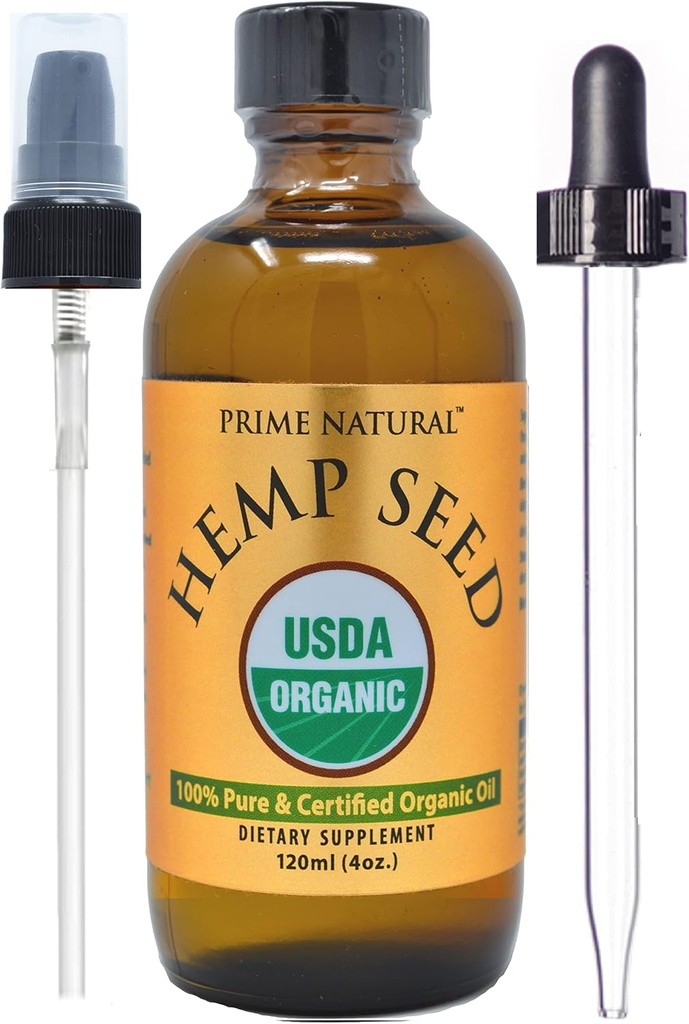 Prime Natural Organic Hemp Seed Oil 4oz - USDA Certified - Sativa Oil - Pure, Cold Pressed, Virgin, Unrefined, Vegan, Food Grade - High Omega 3 6 9 Fatty Acids - Good for Face, Body, Skin & Hair Care