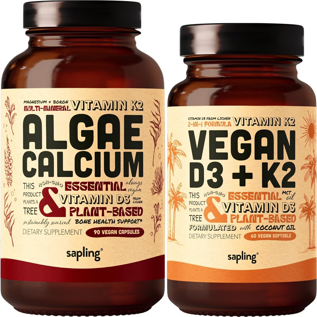 Algae Calcium & Vegan Vitamin D3 + K2 Bundle - Calcium Supplement from Red Algae, 4000 IU Vitamin D3 and 100mcg Vitamin K2