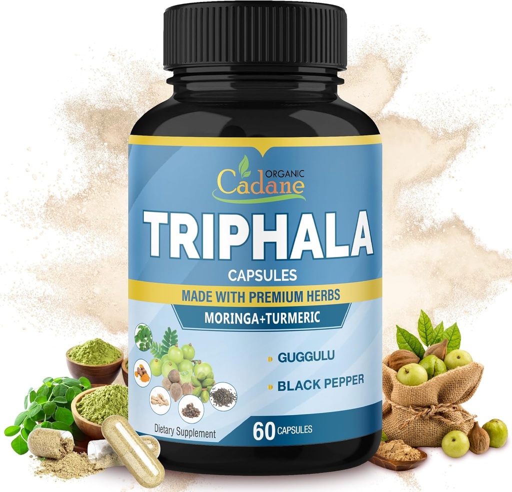 Organic Cadane Triphala Extract Capsules - 6 Premium Ingredients Complex with Turmeric, Moringa, Guggul, Ginger, and Black Pepper - 60 Caps for 2 Months Supply