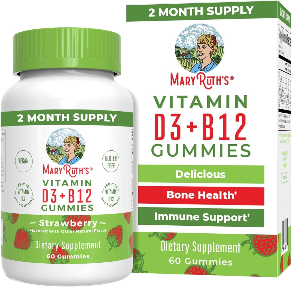 MaryRuth Organics Vegan Vitamin D3 + Vitamin B12 Gummies | 2 Month Supply | Supports Bone Health | Immune Support Supplement | Energy Supplements | Methyl B12 Vegan Non-GMO Gluten Free | 60 Servings